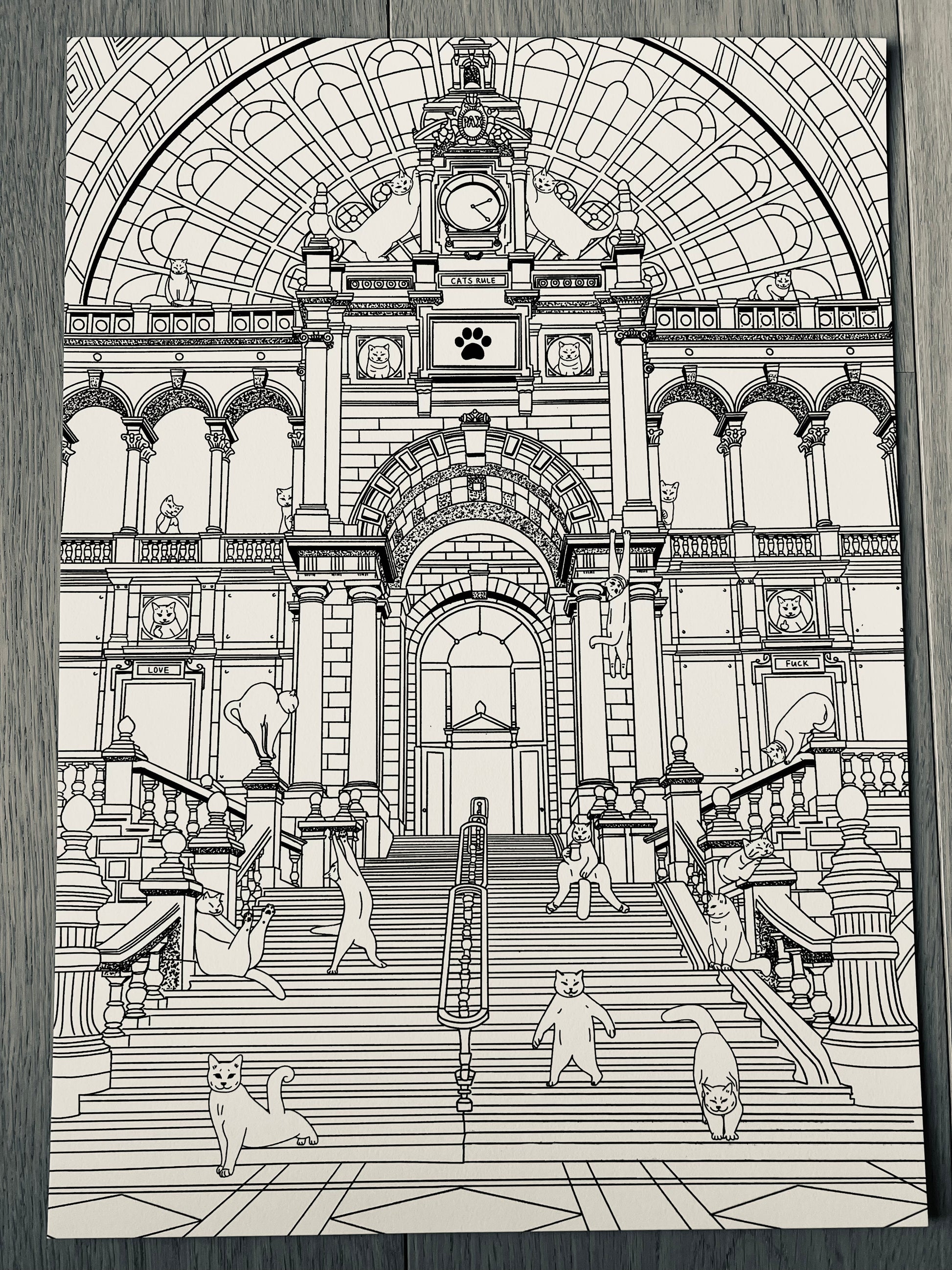 Capture Antwerp's charm with our art print featuring cats around Central Station. Perfect for cat lovers and city enthusiasts, it adds whimsy to any space.