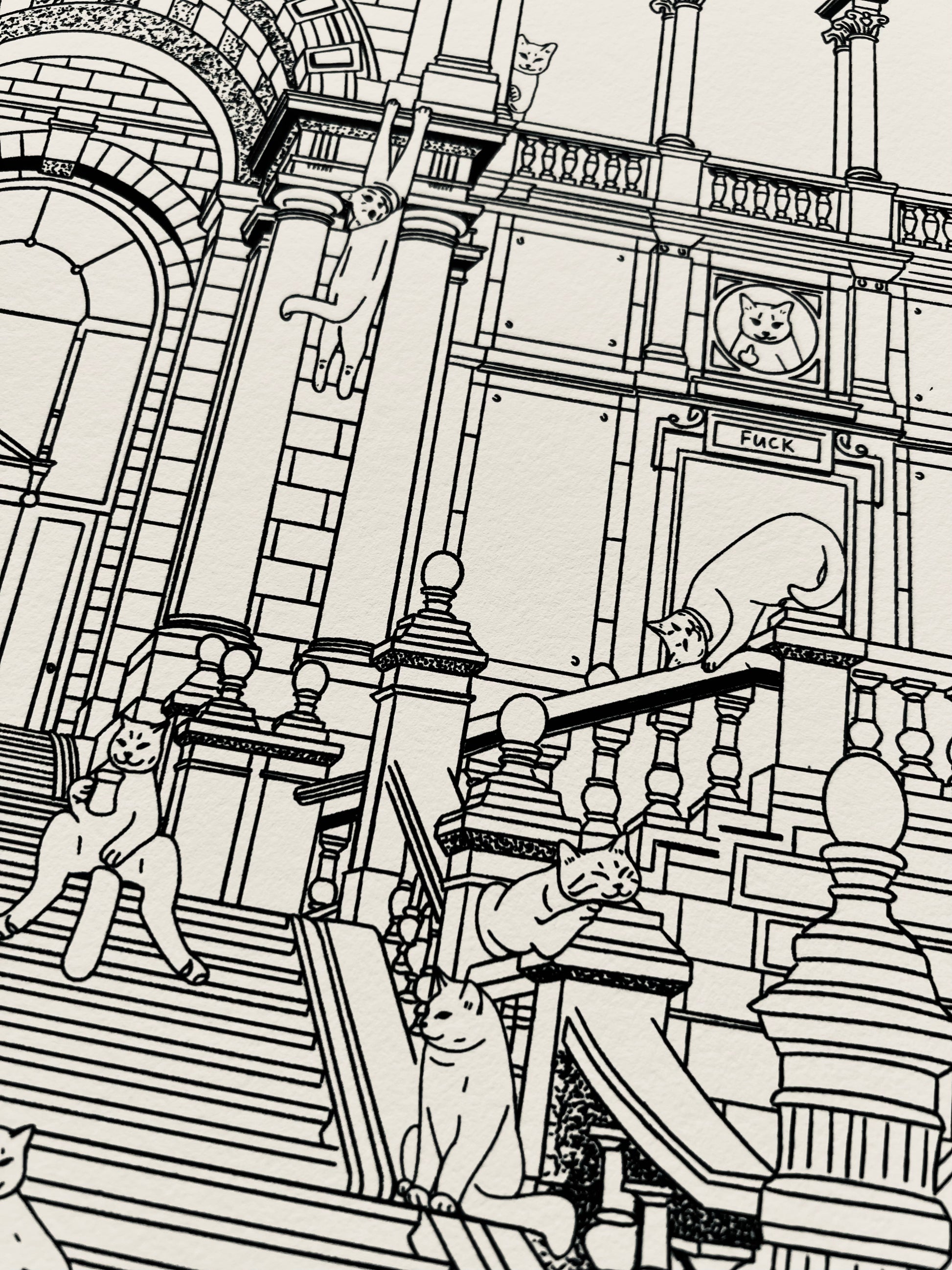 Capture Antwerp's charm with our art print featuring cats around Central Station. Perfect for cat lovers and city enthusiasts, it adds whimsy to any space.