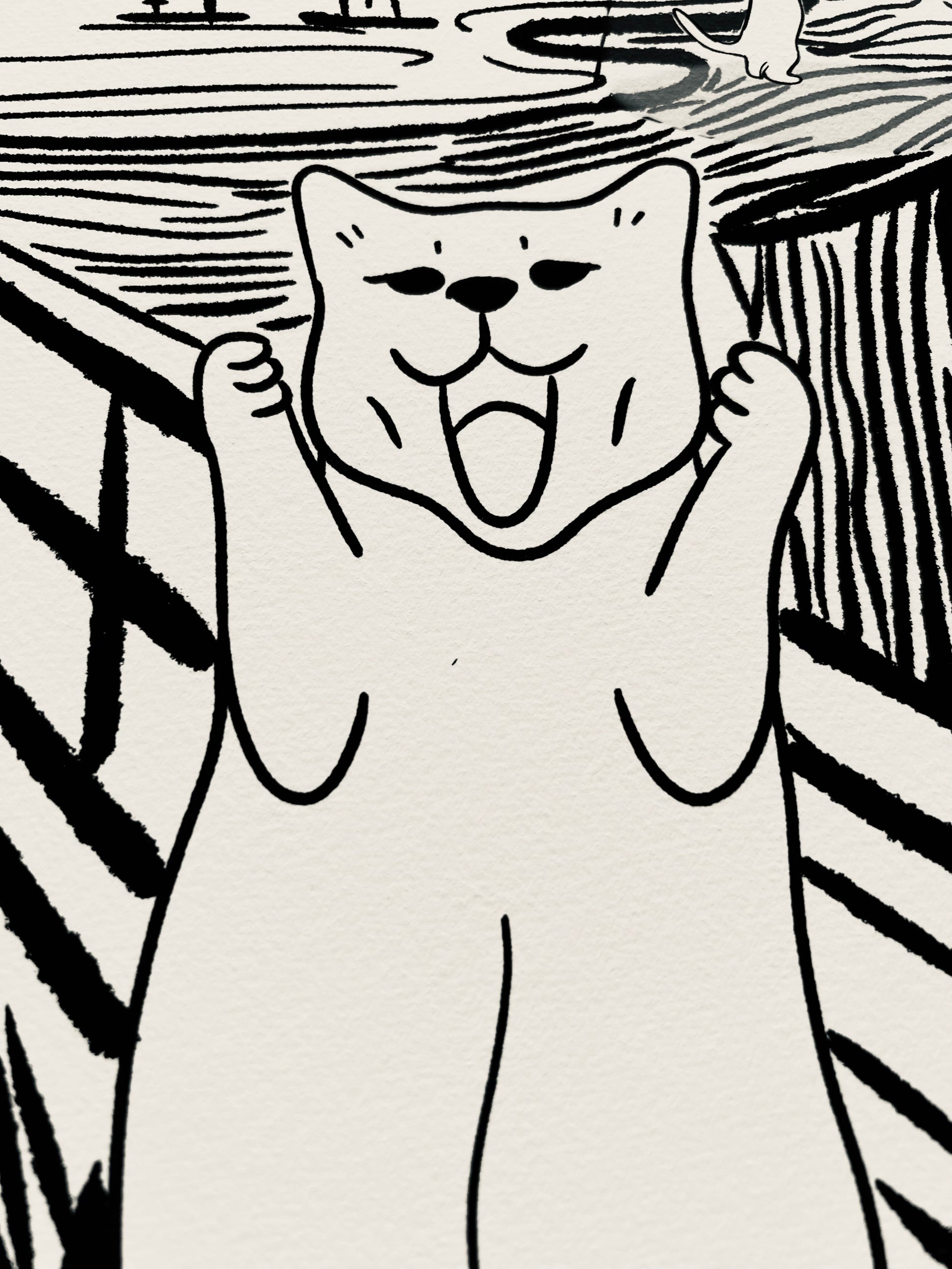 Art print of a digital illustration of cats screaming as alien kidnapped the other cats. Perfect for cat lovers and art lover, it adds whimsy to any space.
