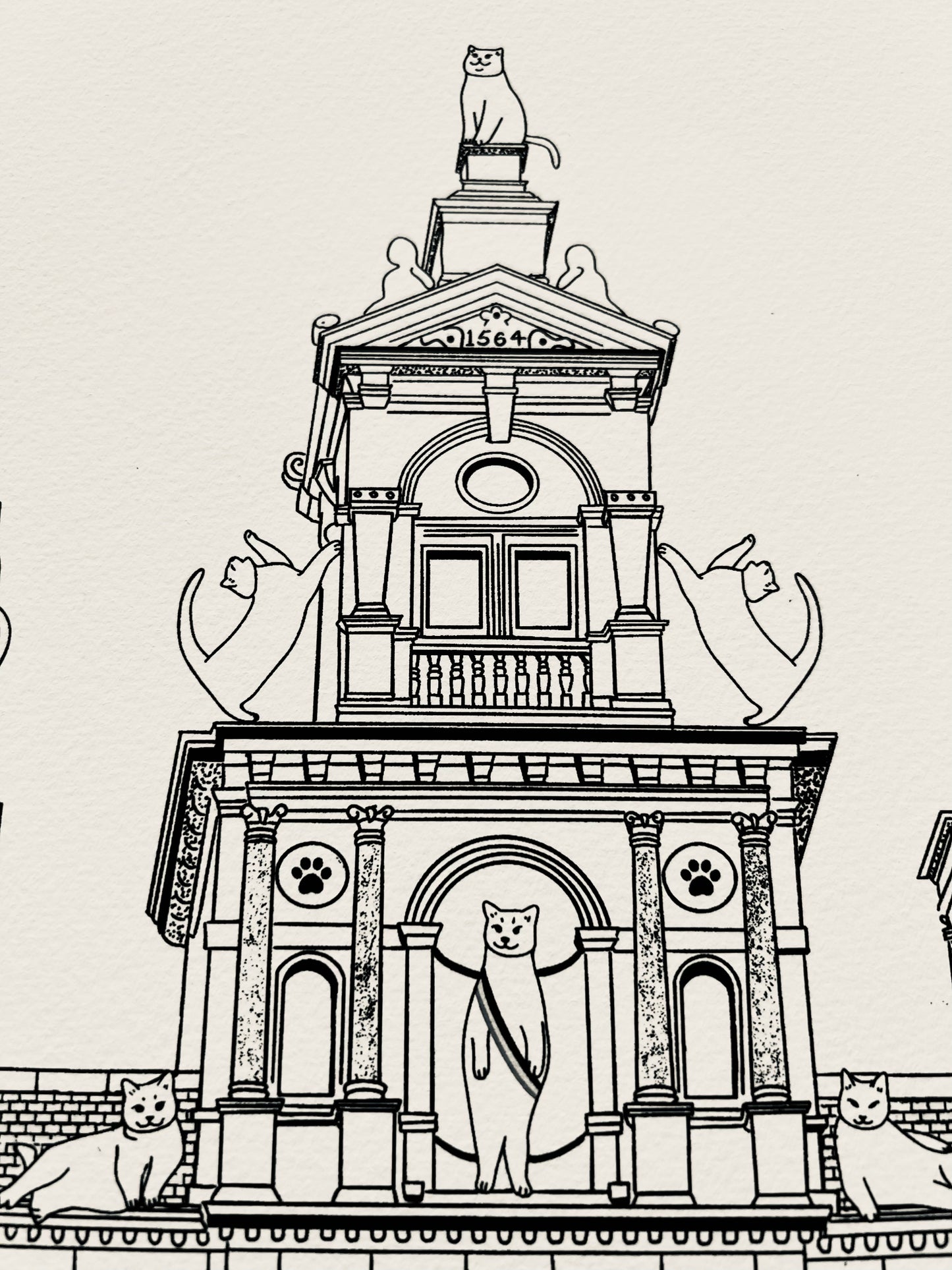 Art print of a digital illustration of cats surrounding the Antwerp city hall.
