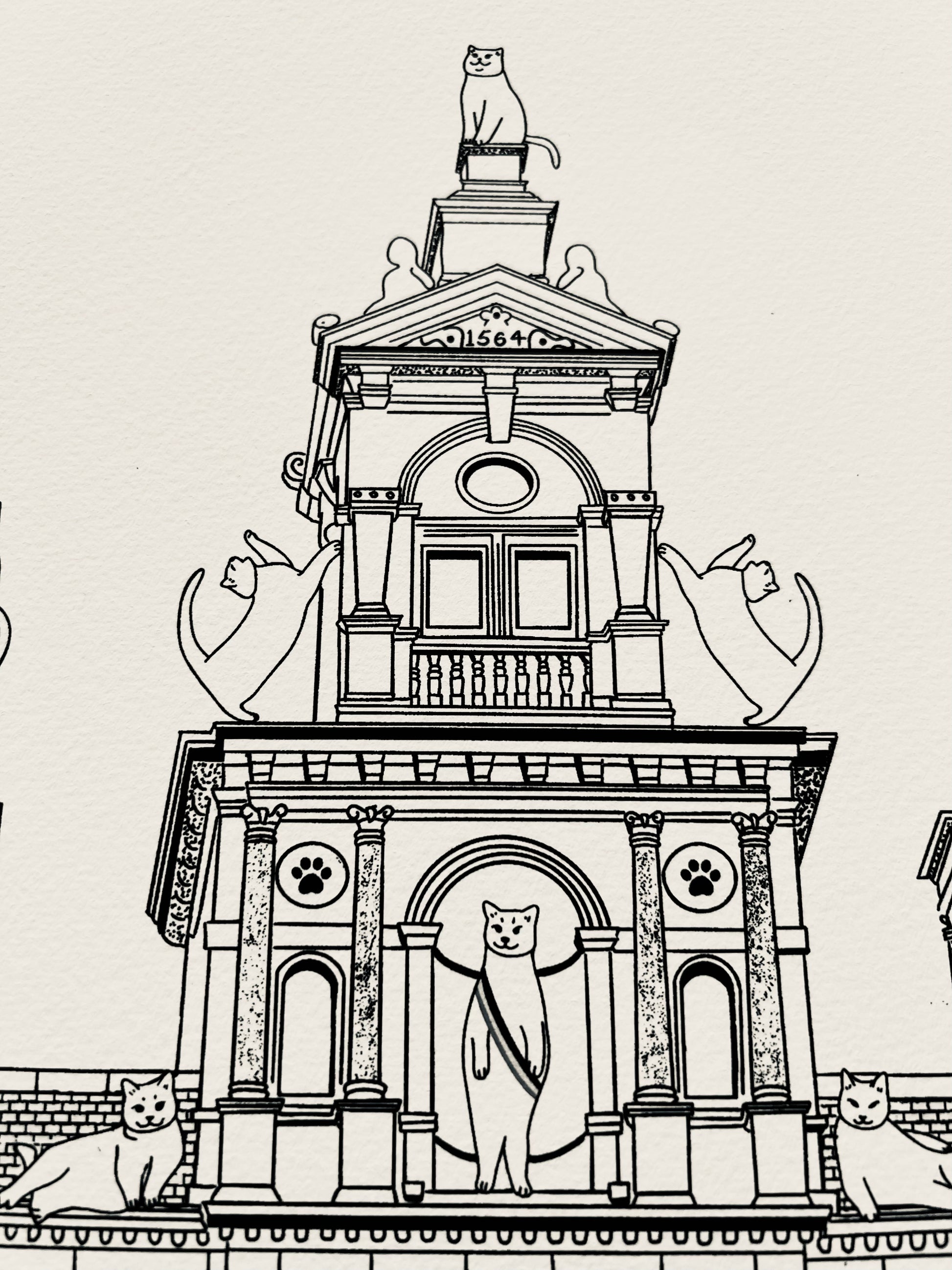 Art print of a digital illustration of cats surrounding the Antwerp city hall.