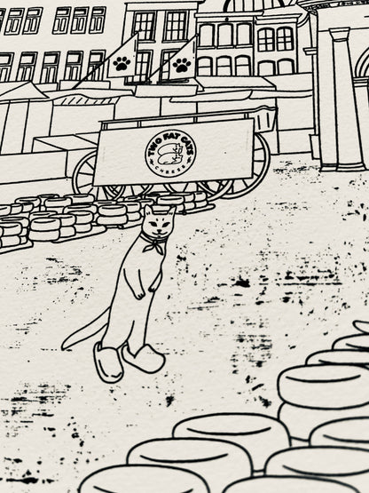 Art print of a digital illustration of cats surrounded the Gouda cheese market.