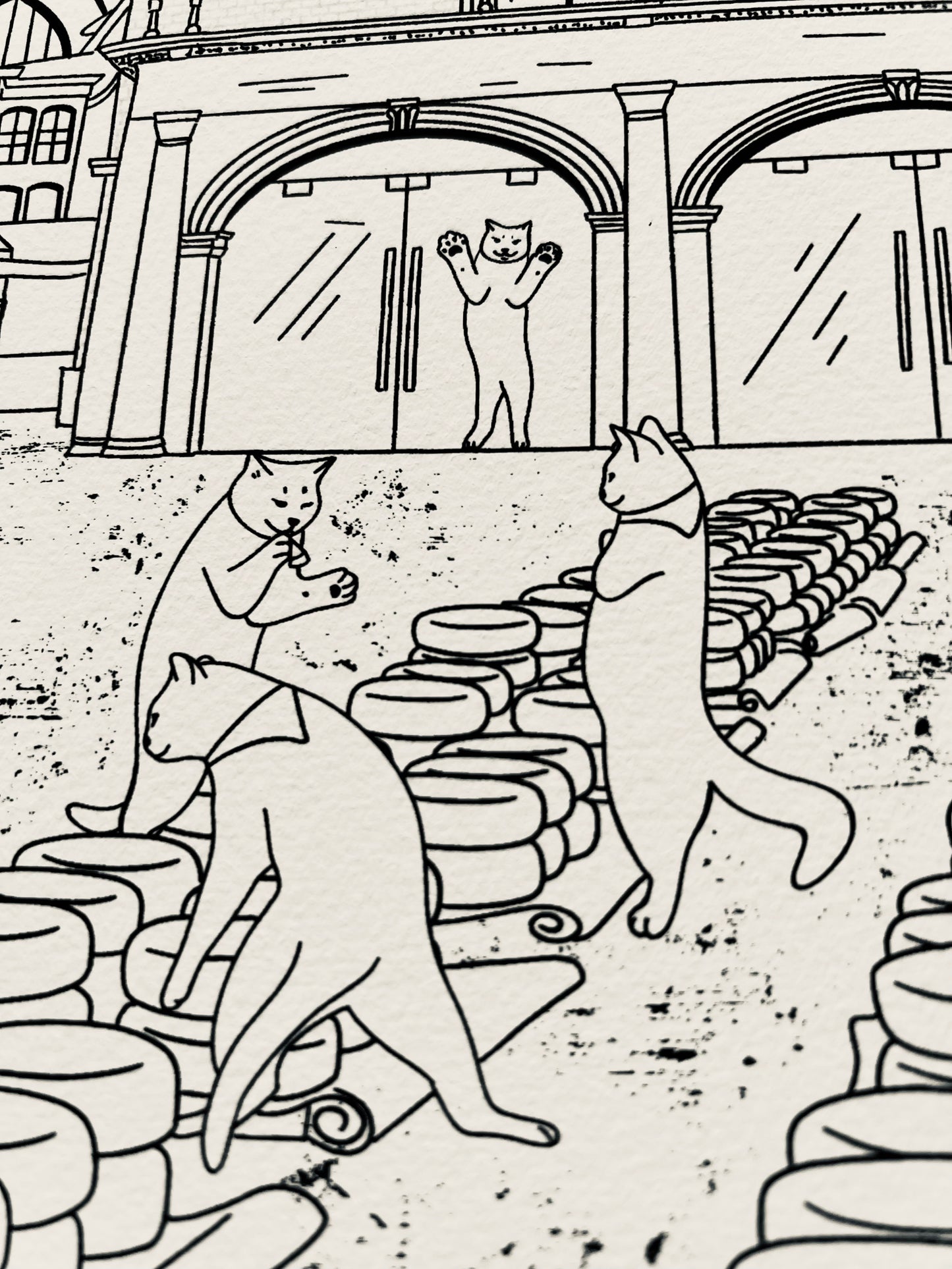Art print of a digital illustration of cats surrounded the Gouda cheese market.
