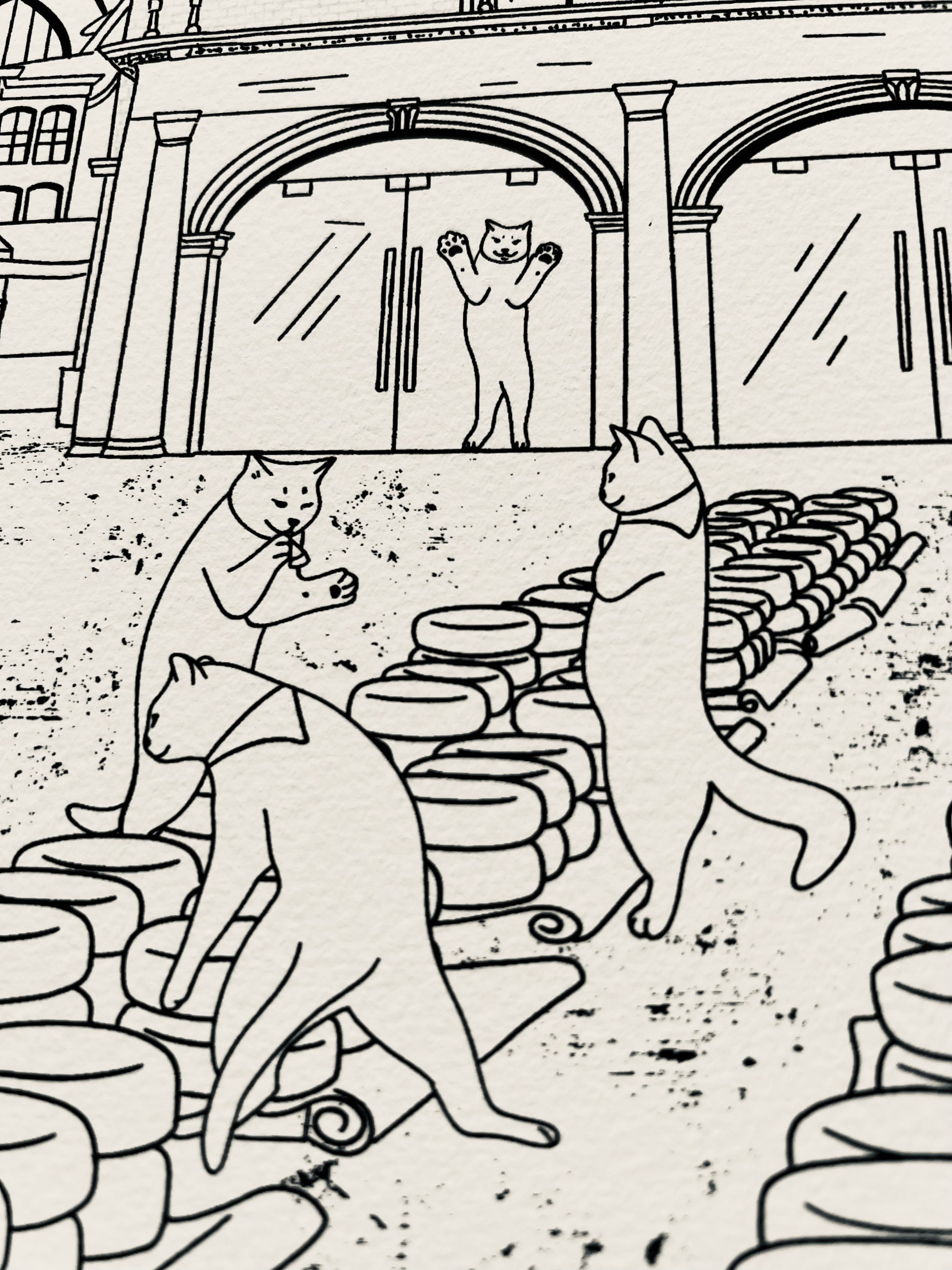 Art print of a digital illustration of cats surrounded the Gouda cheese market.