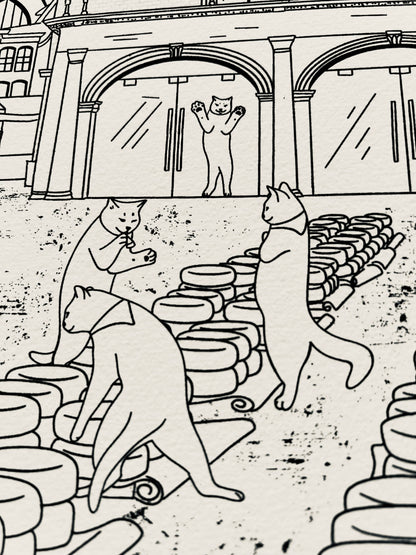 Art print of a digital illustration of cats surrounded the Gouda cheese market.