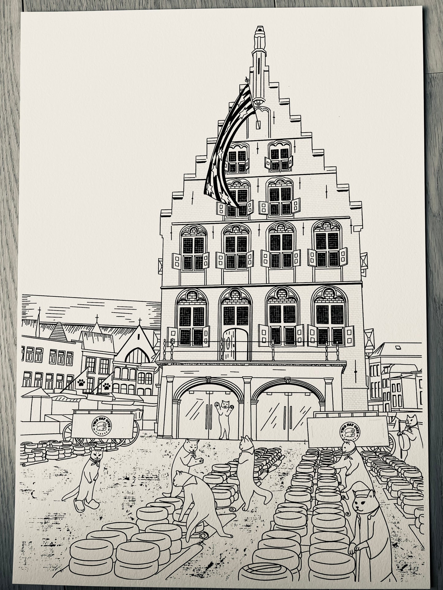 Art print of a digital illustration of cats surrounded the Gouda cheese market.