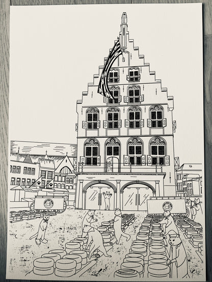 Art print of a digital illustration of cats surrounded the Gouda cheese market.