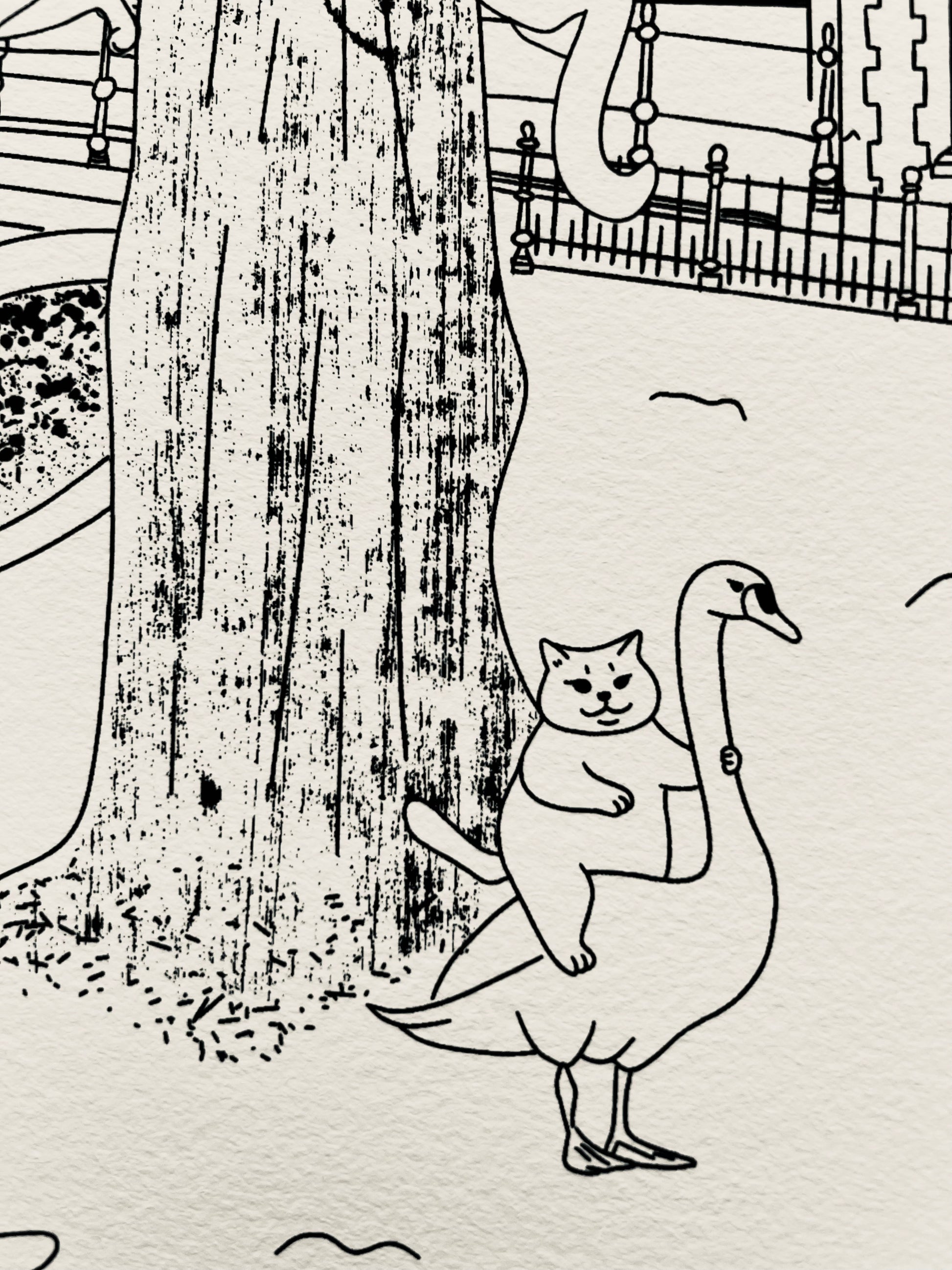 Art print of a digital illustration of cats living nearby a bridge in Bruges.