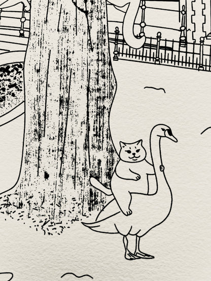 Art print of a digital illustration of cats living nearby a bridge in Bruges.