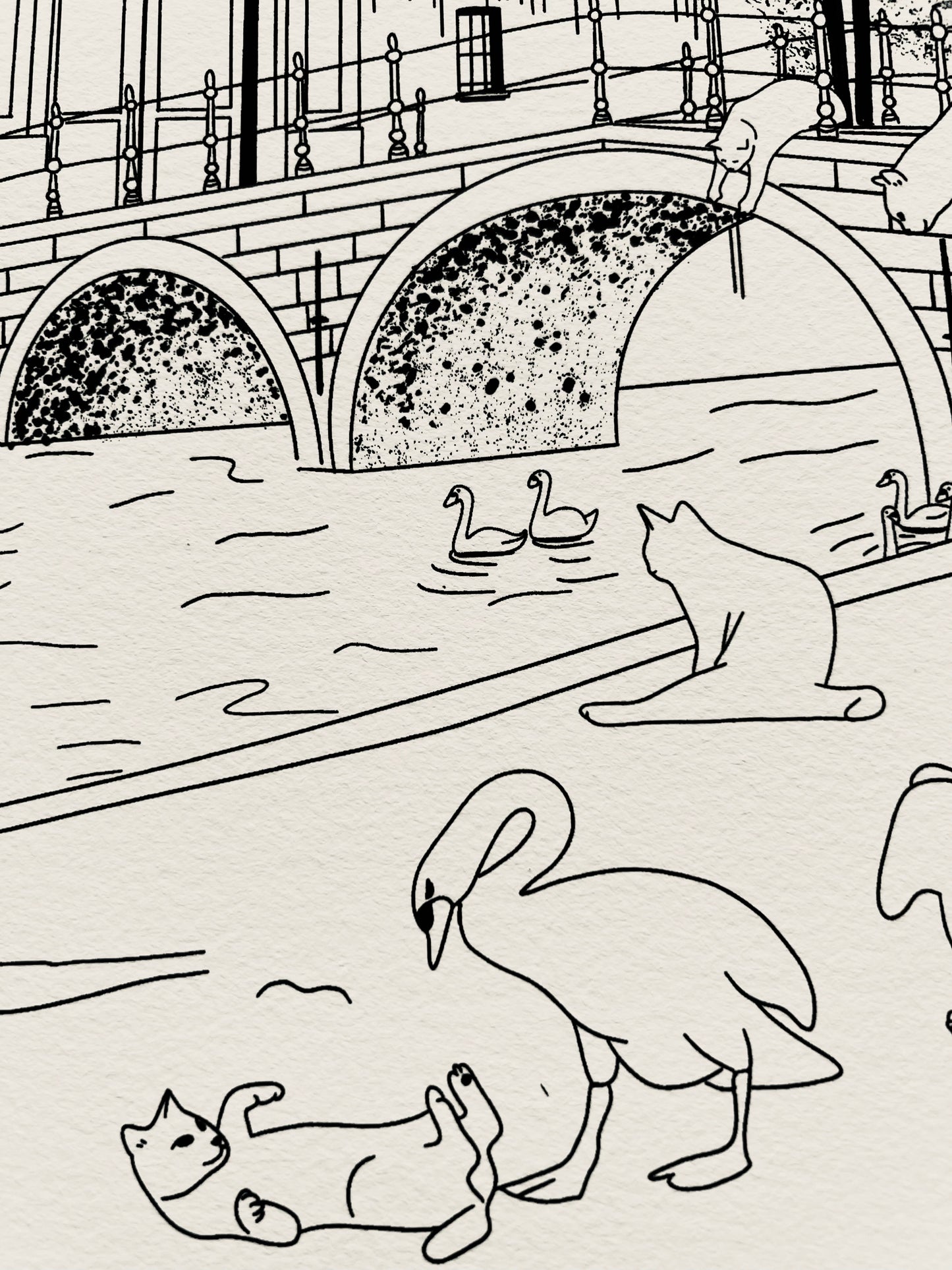 Art print of a digital illustration of cats living nearby a bridge in Bruges.