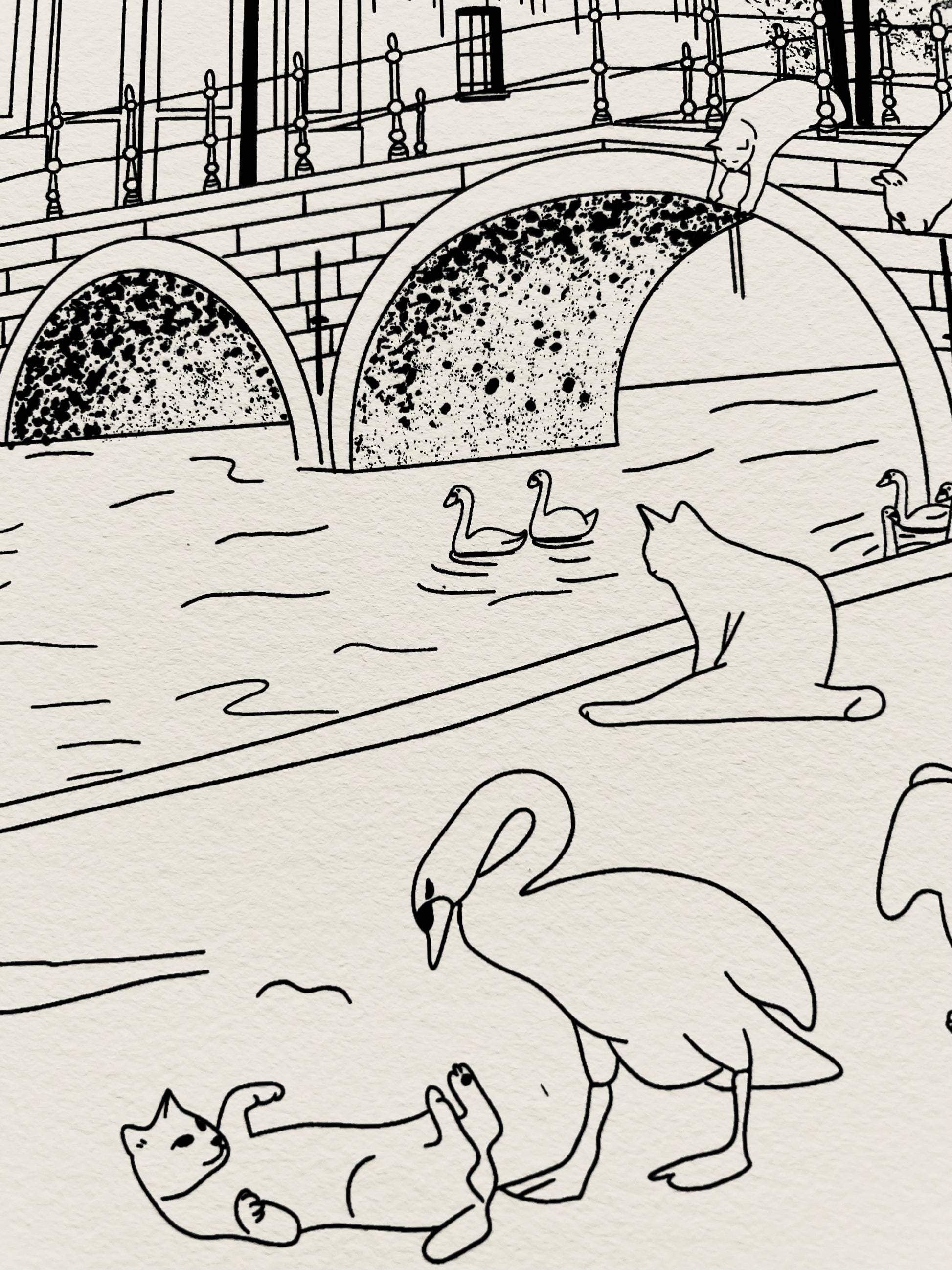 Art print of a digital illustration of cats living nearby a bridge in Bruges.