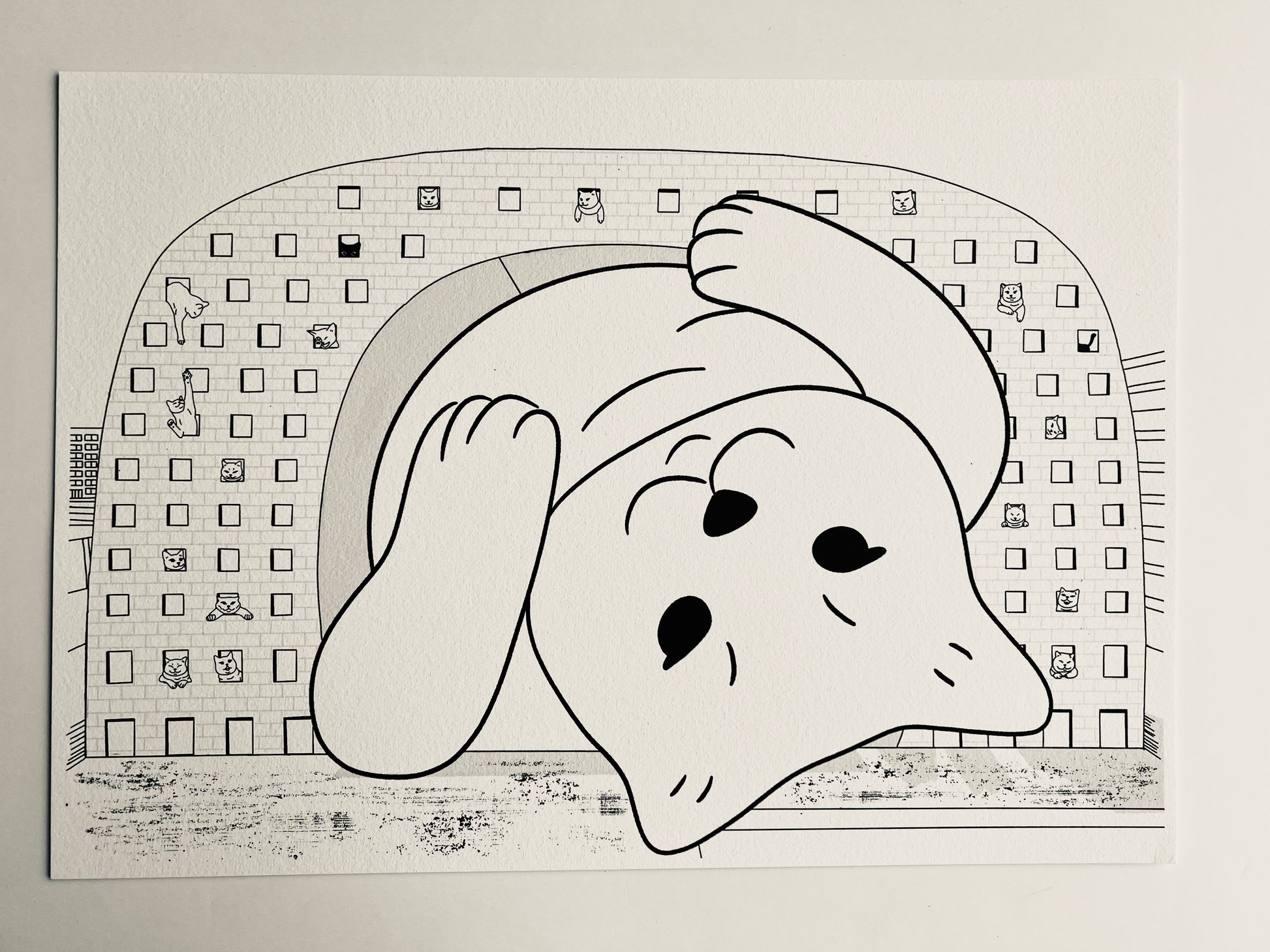 Art print of a digital illustration of cats living in the famous Rotterdam landmark - Markthal. Perfect for cat lovers and city enthusiasts, it adds whimsy to any space.