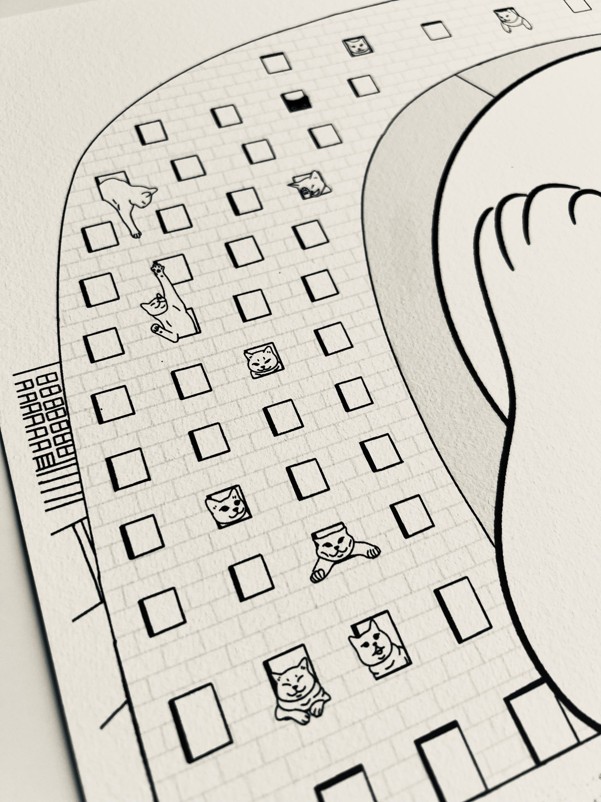 Art print of a digital illustration of cats living in the famous Rotterdam landmark - Markthal. Perfect for cat lovers and city enthusiasts, it adds whimsy to any space.