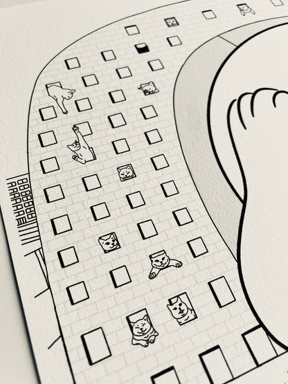 Art print of a digital illustration of cats living in the famous Rotterdam landmark - Markthal. Perfect for cat lovers and city enthusiasts, it adds whimsy to any space.