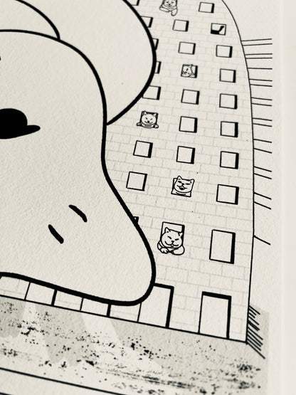 Art print of a digital illustration of cats living in the famous Rotterdam landmark - Markthal. Perfect for cat lovers and city enthusiasts, it adds whimsy to any space.